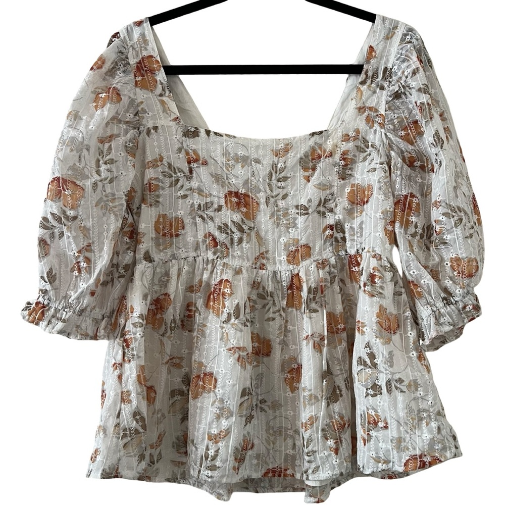 TALULAH White Floral Puff-Sleeve Peplum Blouse with Rust Accents